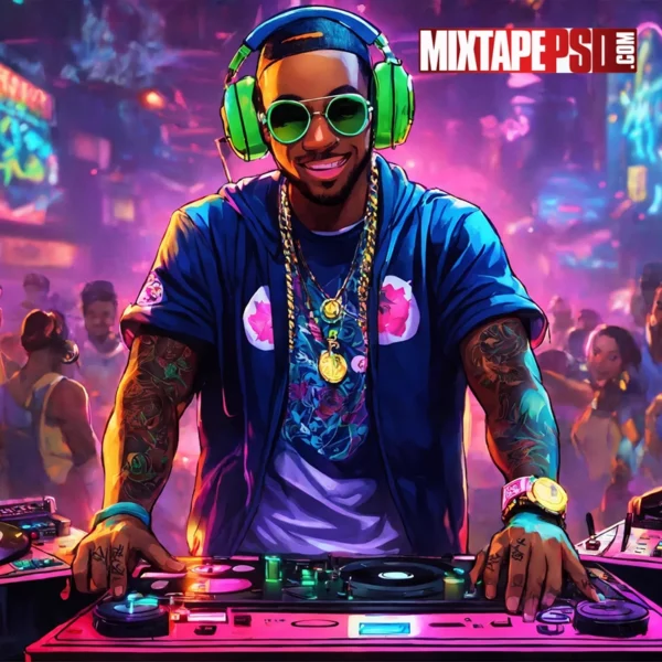 Cartoonish hip hop deejay with turntables in a club 10
