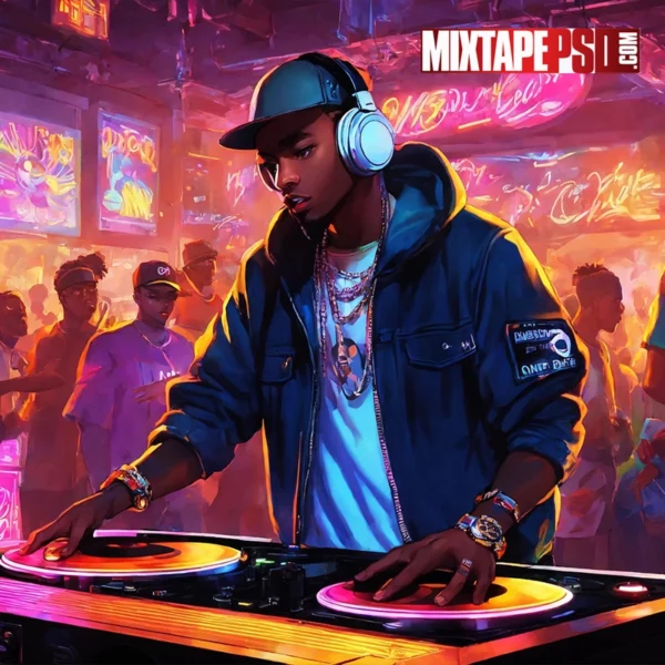 Cartoonish hip hop deejay with turntables in a club 11