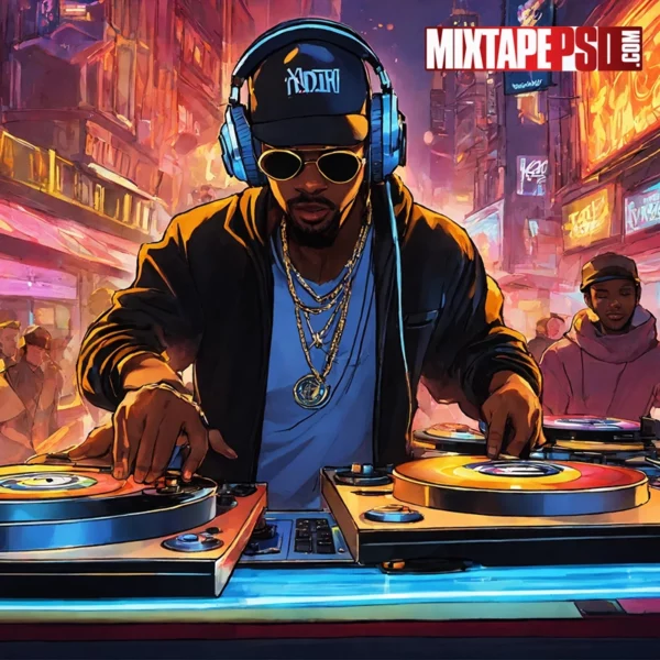 Cartoonish hip hop deejay with turntables in a club 12