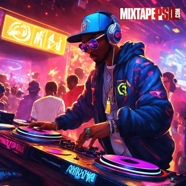 Cartoonish hip hop deejay with turntables in a club 2