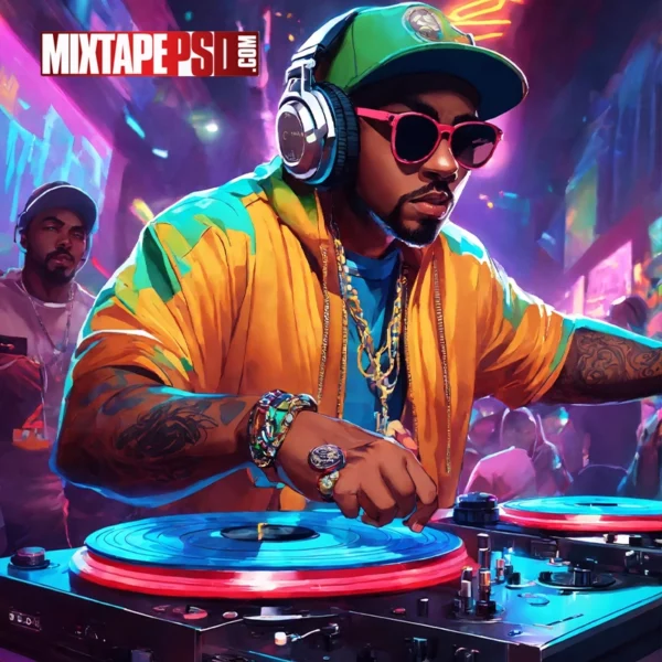 Cartoonish hip hop deejay with turntables in a club 3