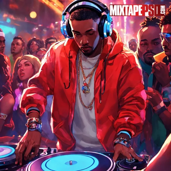 Cartoonish hip hop deejay with turntables in a club 4