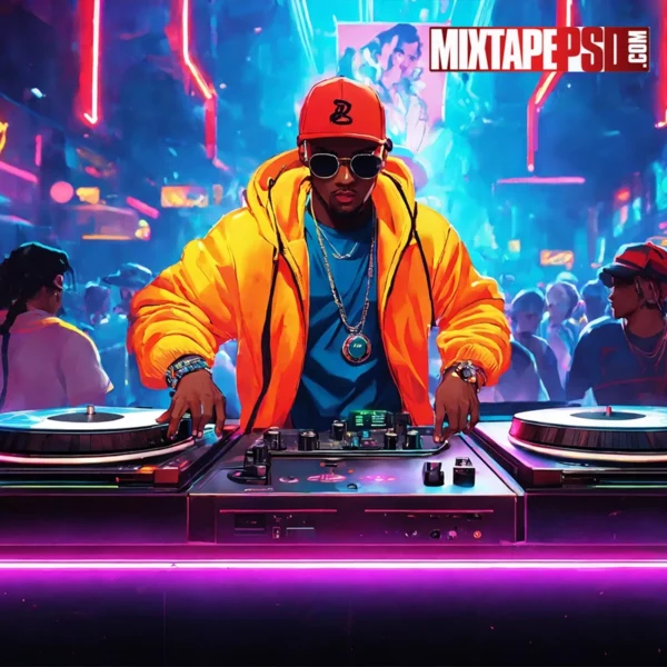 Cartoonish hip hop deejay with turntables in a club 6