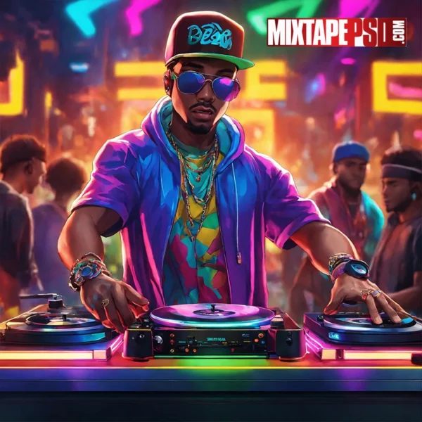 Cartoonish hip hop deejay with turntables in a club